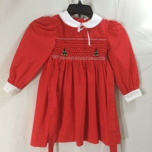 Vintage 1980s Polly Flinders Girls Red Smocked Christmas Dress Size 5 Holiday